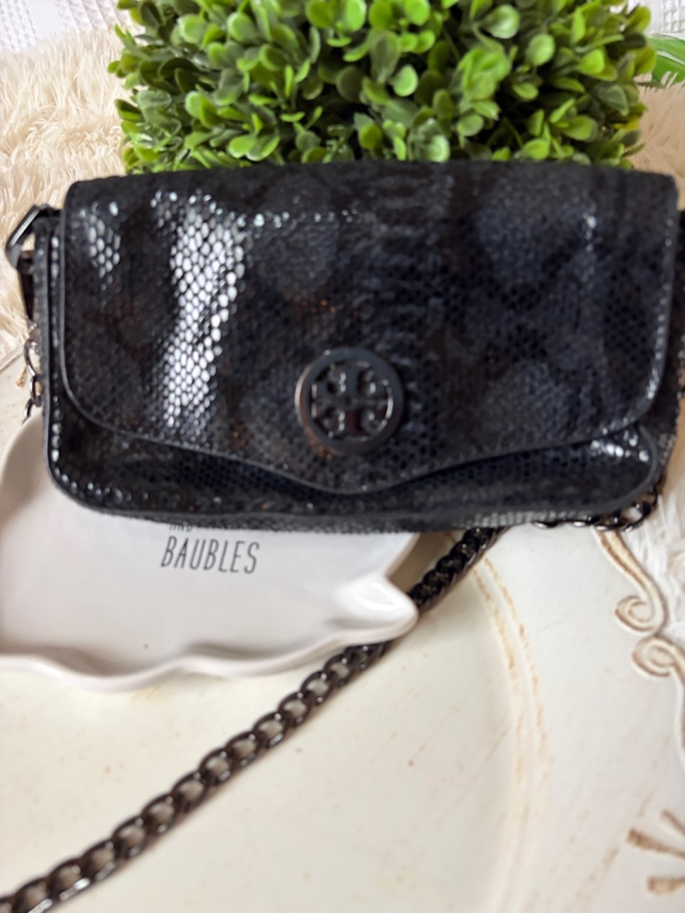 Tory Burch Black Snake-Embossed Chain Shoulder Bag